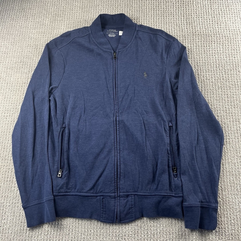 Polo Ralph Lauren Navy Blue Double Knit Luxury Zip Jersey Baseball Sweater Men M